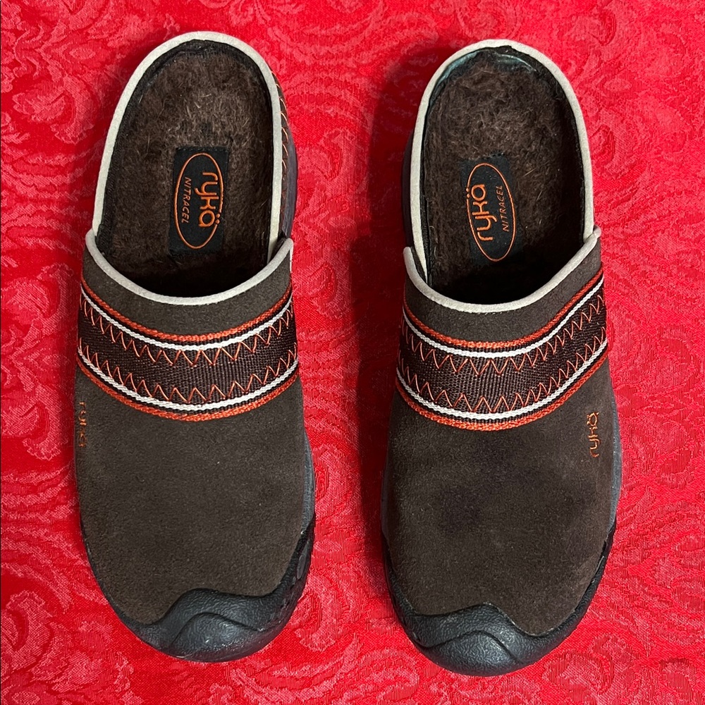 Ryka Slip On Clogs Womens Size 6 Brown Orange Comfort Lined Casual Shoes